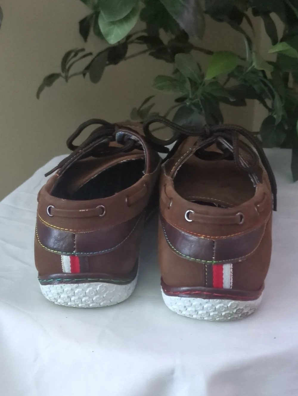 J's Awake Brown Leather Boat Shoes with Multicolor Stitching